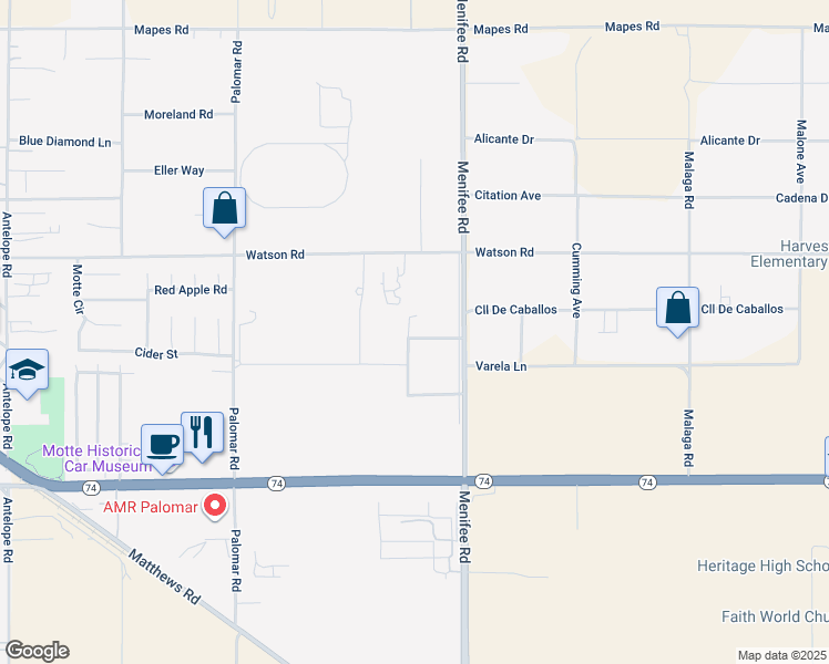 map of restaurants, bars, coffee shops, grocery stores, and more near 28840 Triple Crown Road in Menifee