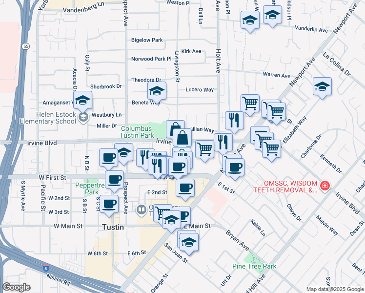 map of restaurants, bars, coffee shops, grocery stores, and more near 18051 Irvine Boulevard in Tustin