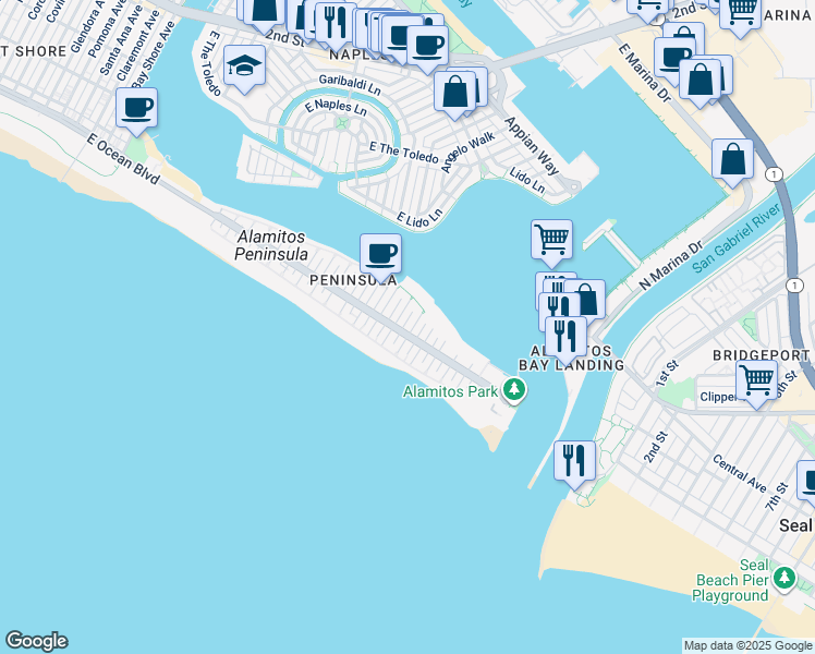 map of restaurants, bars, coffee shops, grocery stores, and more near 6420 East Bayshore Walk in Long Beach