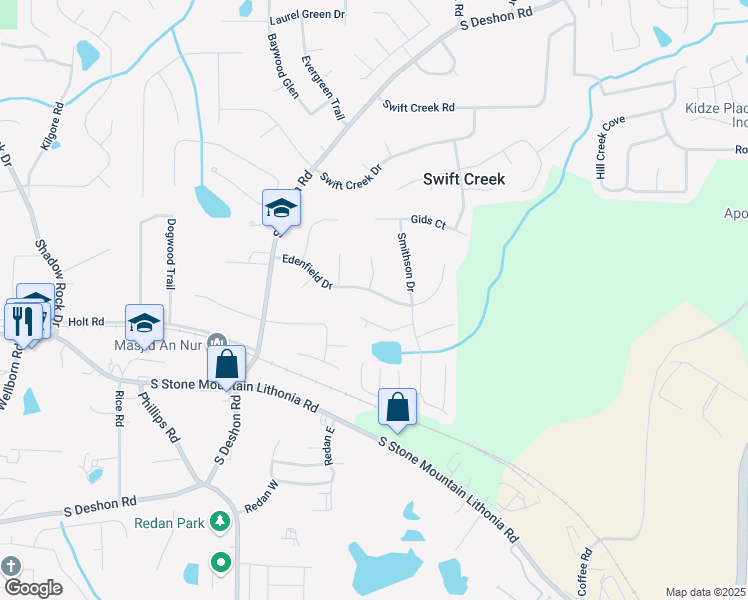 map of restaurants, bars, coffee shops, grocery stores, and more near 6419 Edenfield Drive in Lithonia