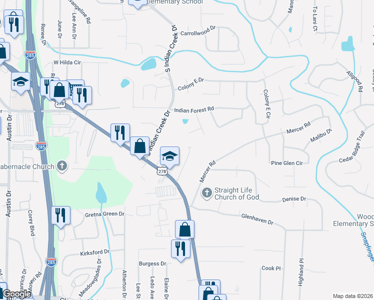 map of restaurants, bars, coffee shops, grocery stores, and more near 4171 Forest Court in Stone Mountain