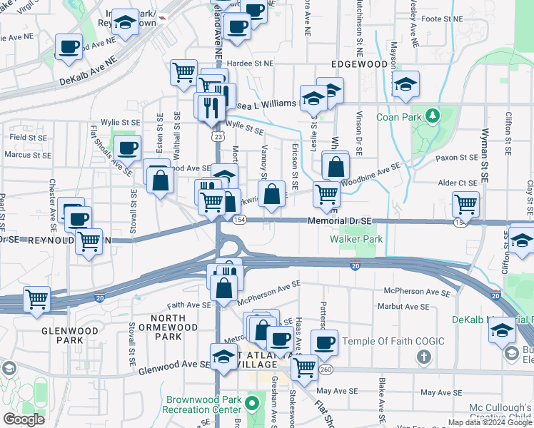 map of restaurants, bars, coffee shops, grocery stores, and more near 1249 Arkwright Place Southeast in Atlanta