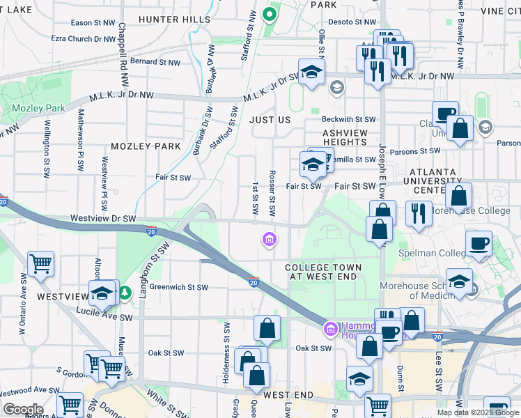 map of restaurants, bars, coffee shops, grocery stores, and more near 237b Rosser Street Southwest in Atlanta