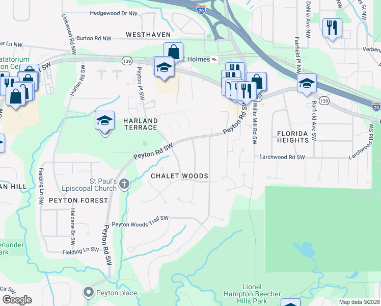 map of restaurants, bars, coffee shops, grocery stores, and more near 202 Peyton Road Southwest in Atlanta