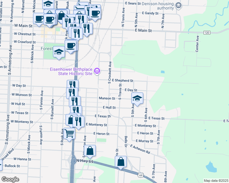 map of restaurants, bars, coffee shops, grocery stores, and more near 401 East Day Street in Denison