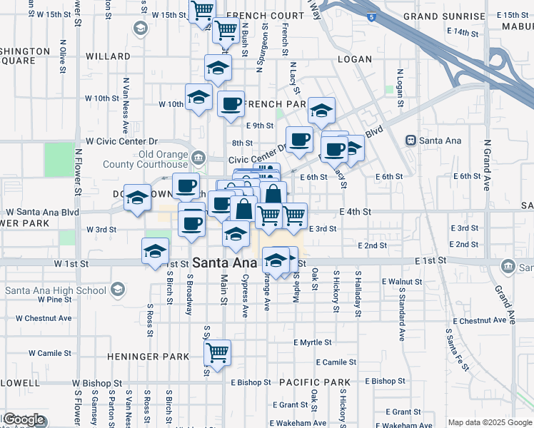 map of restaurants, bars, coffee shops, grocery stores, and more near 310 East 4th Street in Santa Ana