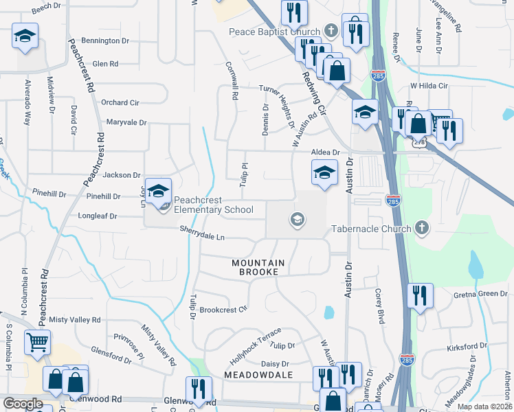 map of restaurants, bars, coffee shops, grocery stores, and more near 3251 Tulip Drive in Decatur