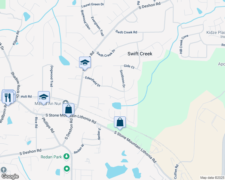 map of restaurants, bars, coffee shops, grocery stores, and more near 6419 Edenfield Drive in Lithonia