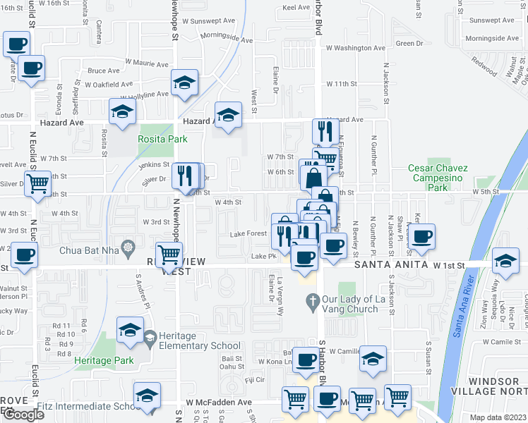 map of restaurants, bars, coffee shops, grocery stores, and more near 4018 West 5th Street in Santa Ana