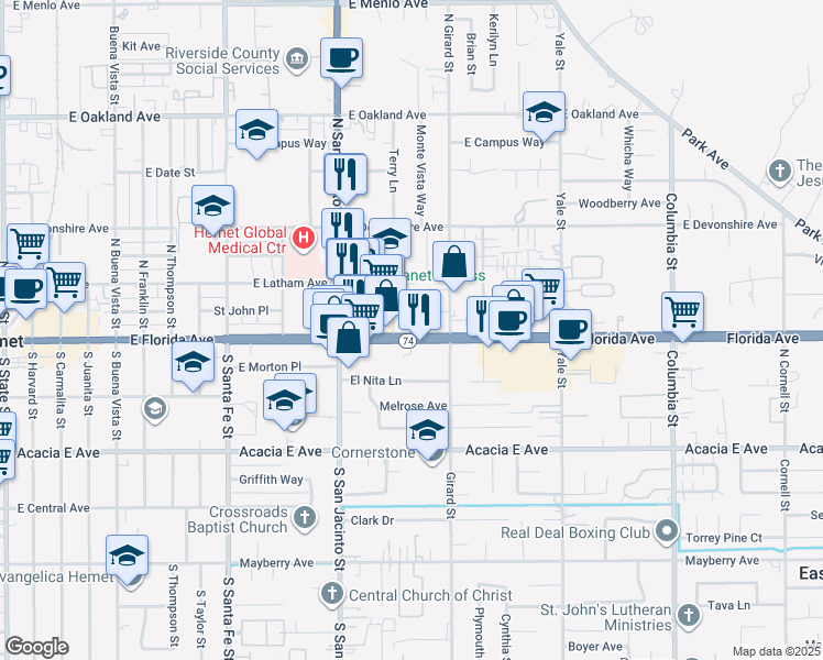 map of restaurants, bars, coffee shops, grocery stores, and more near 1600 East Florida Avenue in Hemet