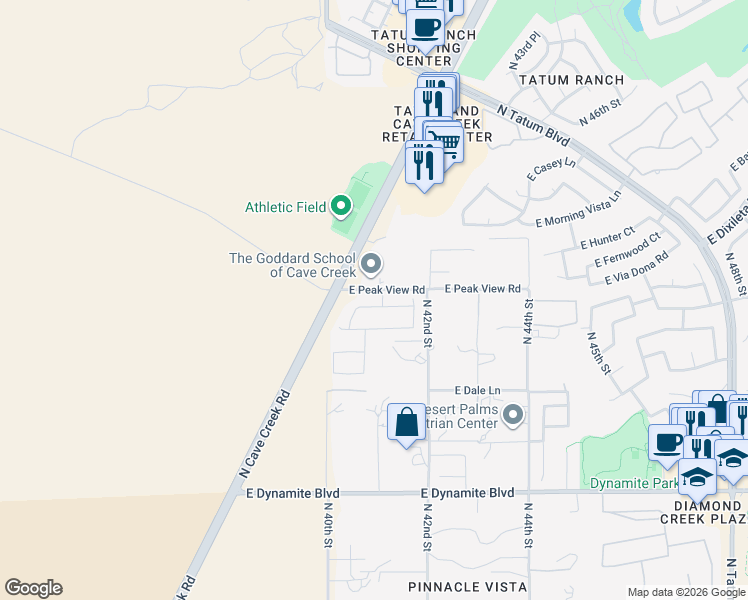 map of restaurants, bars, coffee shops, grocery stores, and more near 4150 East Peak View Road in Cave Creek