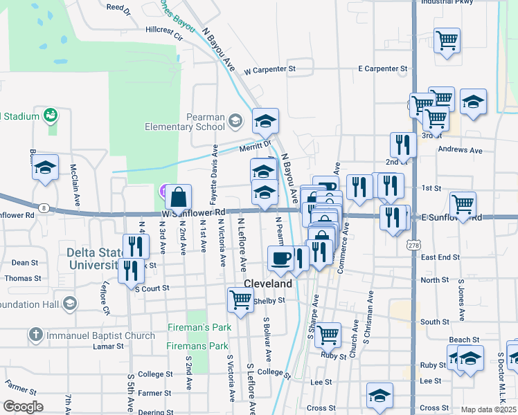 map of restaurants, bars, coffee shops, grocery stores, and more near North Bolivar Avenue in Cleveland
