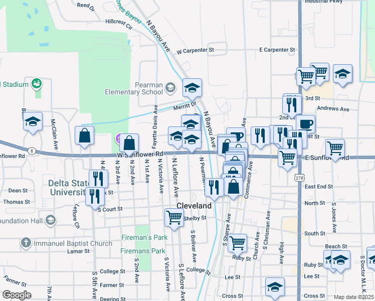 map of restaurants, bars, coffee shops, grocery stores, and more near North Bolivar Avenue in Cleveland