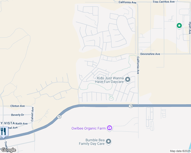 map of restaurants, bars, coffee shops, grocery stores, and more near 263 Firestone Lane in Hemet