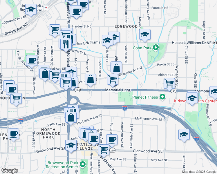 map of restaurants, bars, coffee shops, grocery stores, and more near 1347 Arkwright Place Southeast in Atlanta
