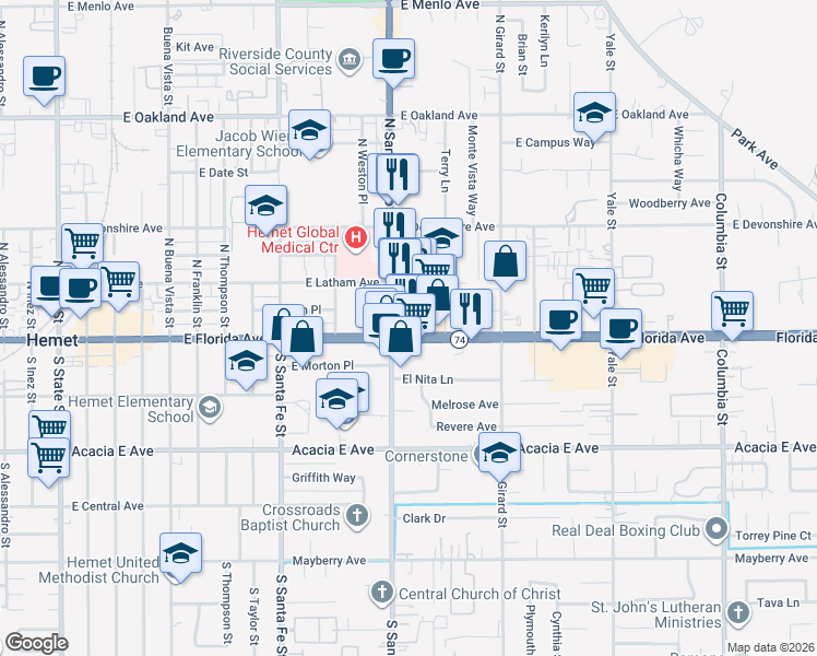 map of restaurants, bars, coffee shops, grocery stores, and more near 1380 East Florida Avenue in Hemet