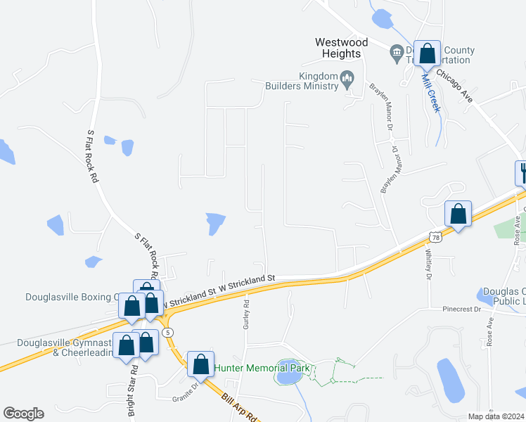 map of restaurants, bars, coffee shops, grocery stores, and more near 7214 Ashley Falls Ct in Douglasville