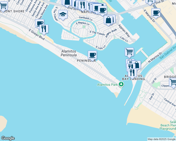 map of restaurants, bars, coffee shops, grocery stores, and more near 6209 East Seaside Walk in Long Beach