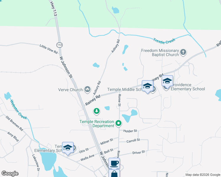 map of restaurants, bars, coffee shops, grocery stores, and more near 174 Rainey Road in Temple