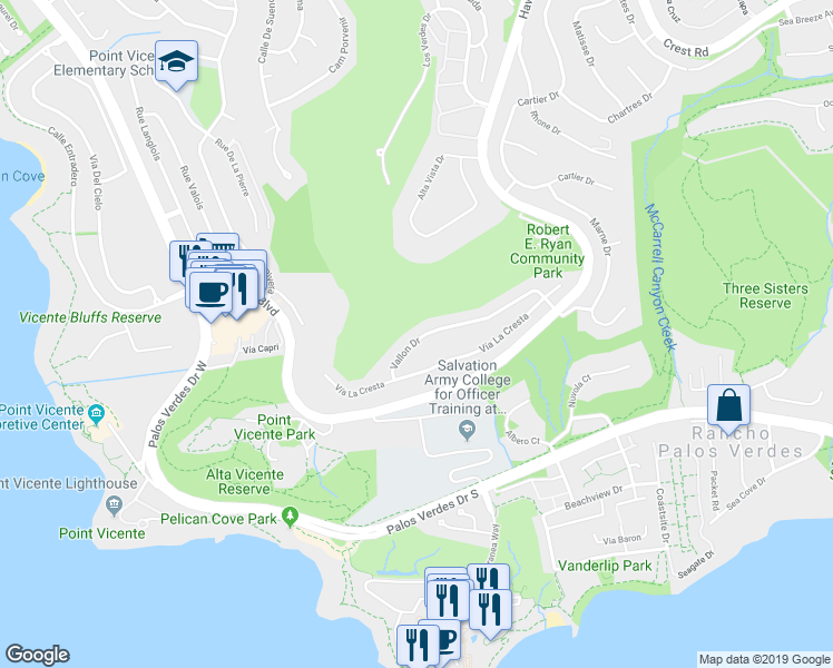 map of restaurants, bars, coffee shops, grocery stores, and more near 6887 Vallon Drive in Rancho Palos Verdes
