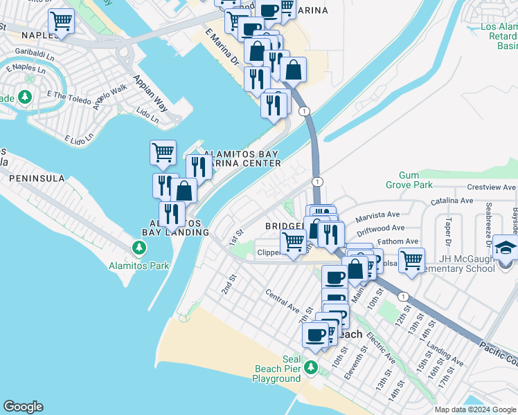 map of restaurants, bars, coffee shops, grocery stores, and more near 139 Cottonwood Lane in Seal Beach