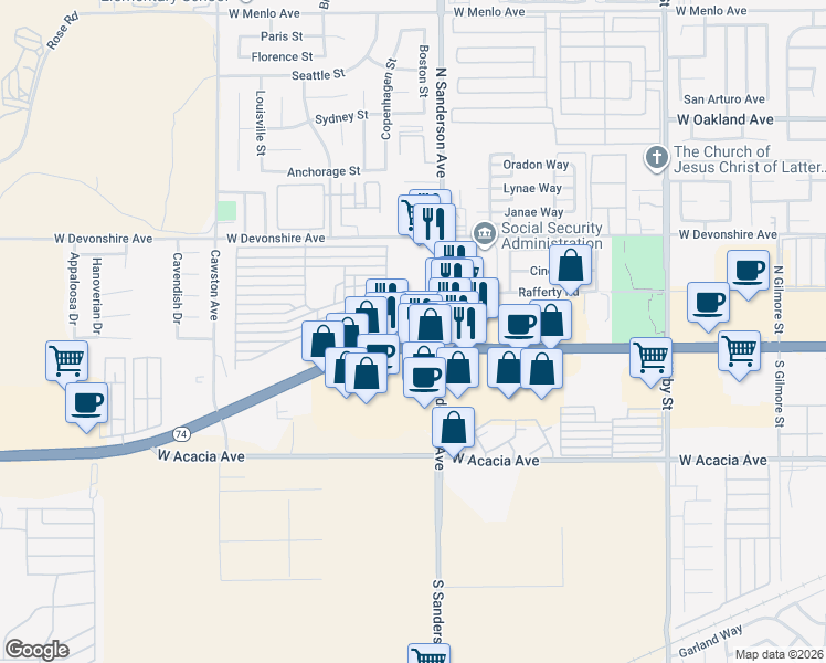 map of restaurants, bars, coffee shops, grocery stores, and more near 37372 California 74 in Hemet