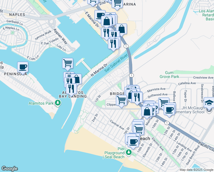 map of restaurants, bars, coffee shops, grocery stores, and more near 139 Cottonwood Lane in Seal Beach