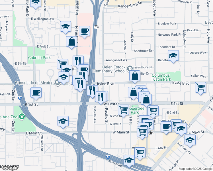 map of restaurants, bars, coffee shops, grocery stores, and more near 17341 Irvine Boulevard in Tustin