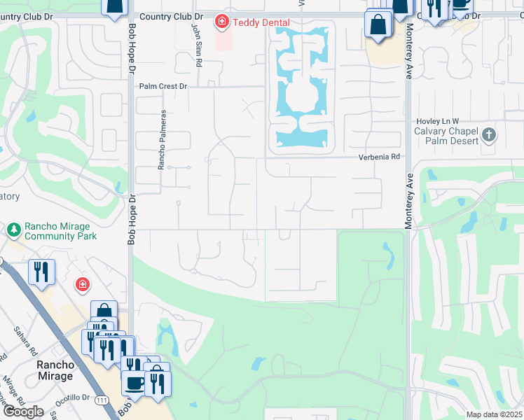 map of restaurants, bars, coffee shops, grocery stores, and more near 2 Bridlewood Lane in Rancho Mirage