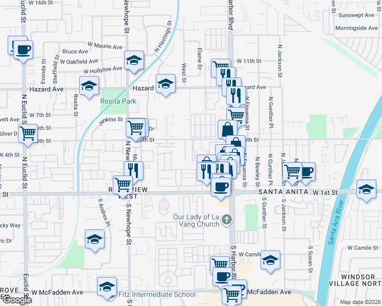 map of restaurants, bars, coffee shops, grocery stores, and more near 4018 West 5th Street in Santa Ana
