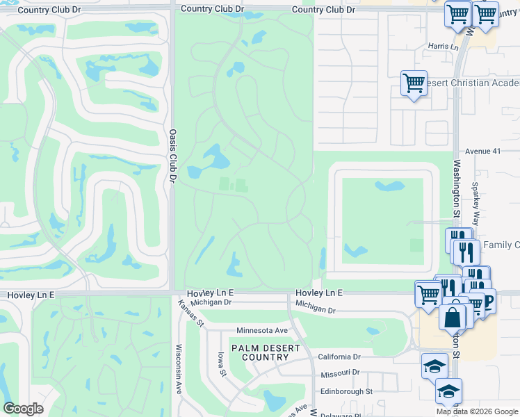 map of restaurants, bars, coffee shops, grocery stores, and more near 41476 Inverness Way in Palm Desert