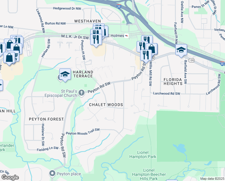 map of restaurants, bars, coffee shops, grocery stores, and more near 295 Harris Manor Drive Southwest in Atlanta