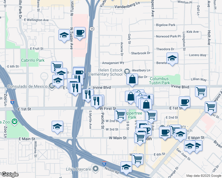map of restaurants, bars, coffee shops, grocery stores, and more near 17431 Irvine Boulevard in Tustin