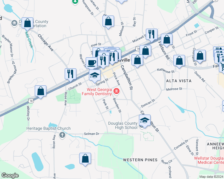 map of restaurants, bars, coffee shops, grocery stores, and more near 8556 East Courthouse Square in Douglasville