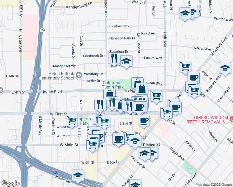 map of restaurants, bars, coffee shops, grocery stores, and more near 168 Jessup Way in Tustin
