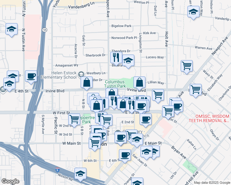 map of restaurants, bars, coffee shops, grocery stores, and more near 17802 Irvine Boulevard in Tustin