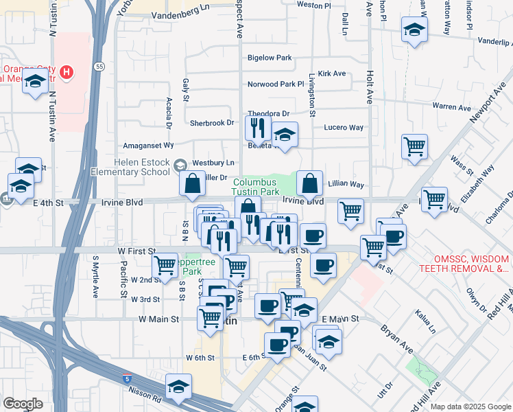 map of restaurants, bars, coffee shops, grocery stores, and more near in Tustin