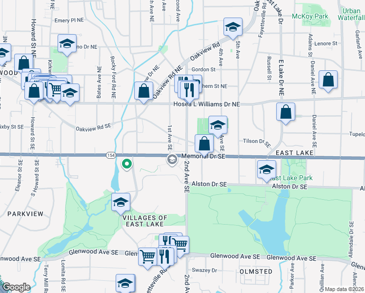 map of restaurants, bars, coffee shops, grocery stores, and more near 2350 Merrilee Lane Southeast in Atlanta