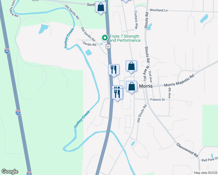 map of restaurants, bars, coffee shops, grocery stores, and more near 8330 Doss Road in Morris