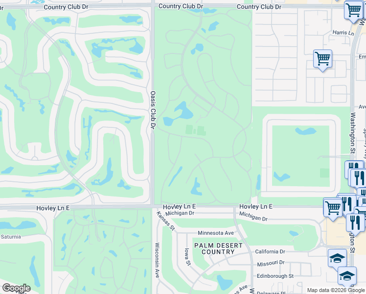 map of restaurants, bars, coffee shops, grocery stores, and more near 41390 Kansas Street in Palm Desert