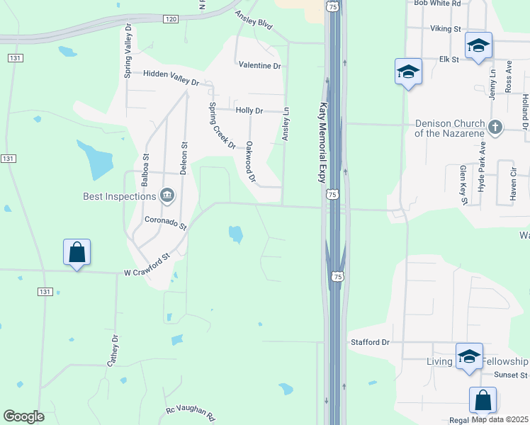 map of restaurants, bars, coffee shops, grocery stores, and more near 3505 West Crawford Street in Denison