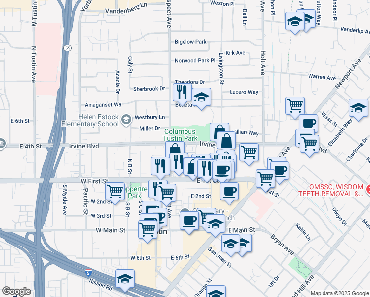 map of restaurants, bars, coffee shops, grocery stores, and more near 168 Jessup Way in Tustin