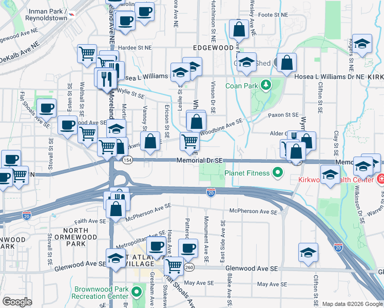 map of restaurants, bars, coffee shops, grocery stores, and more near 197 Whitefoord Avenue Southeast in Atlanta
