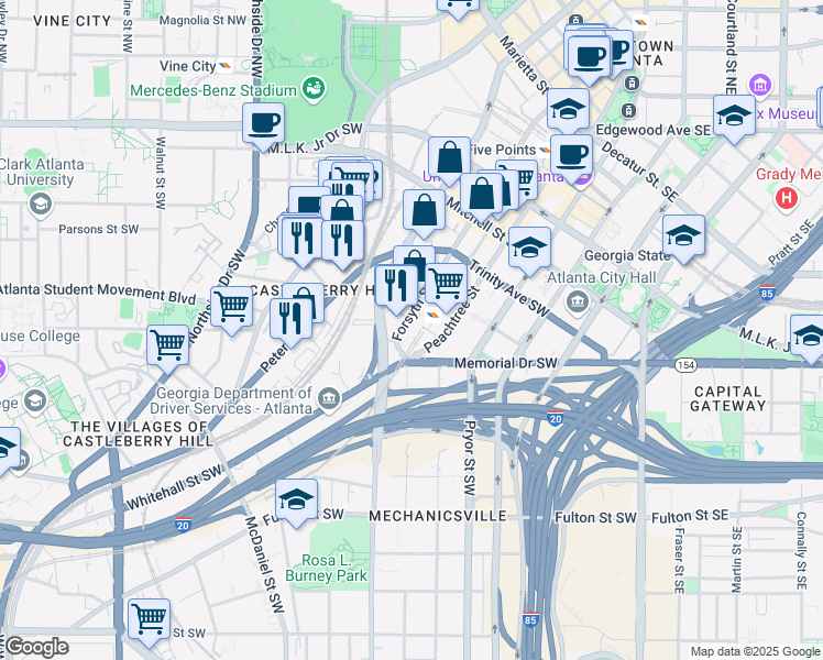 map of restaurants, bars, coffee shops, grocery stores, and more near 241 Forsyth Street Southwest in Atlanta