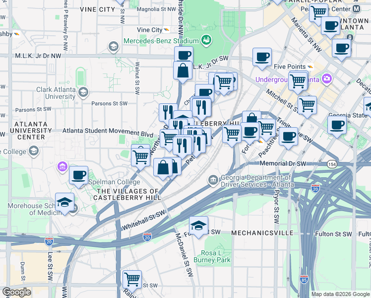 map of restaurants, bars, coffee shops, grocery stores, and more near 3 Fair Street Southwest in Atlanta