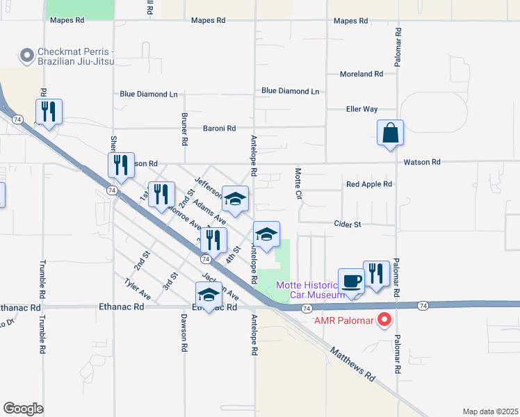 map of restaurants, bars, coffee shops, grocery stores, and more near 25650 Antelope Road in Menifee