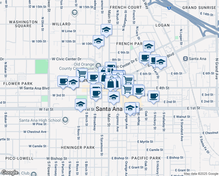 map of restaurants, bars, coffee shops, grocery stores, and more near 421 North Main Street in Santa Ana