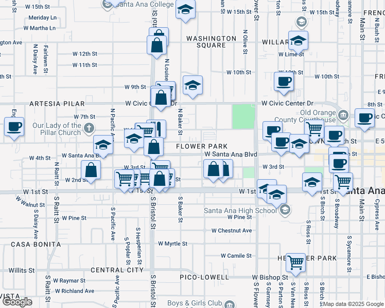 map of restaurants, bars, coffee shops, grocery stores, and more near 1111 West Santa Ana Boulevard in Santa Ana