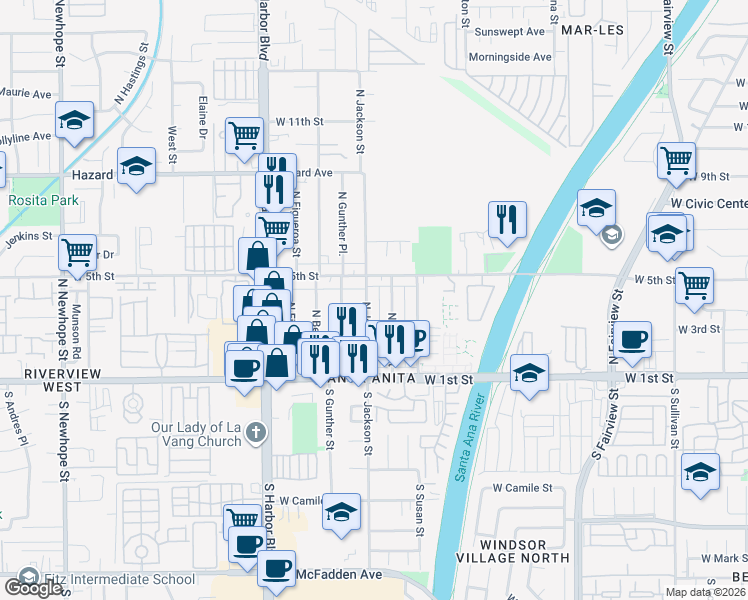 map of restaurants, bars, coffee shops, grocery stores, and more near 416 North Laurel Street in Santa Ana