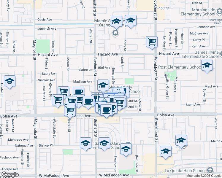 map of restaurants, bars, coffee shops, grocery stores, and more near 14754 Kennedy Way in Westminster